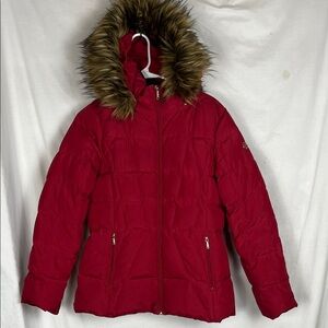 Red Calvin Klein Puffer Duck Down Winter Coat with Faux Fur Trim